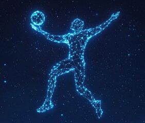 Naklejka premium Abstract Athlete Silhouette in Digital Neon Style Reaching for Ball