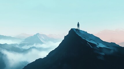 A person standing on top of a mountain, looking at a vast landscape, symbolizing the achievement of life goals after years of learning and effort