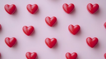 Fototapeta premium Multiple Red Heart-Shaped Candies on a Pink Background. Concept of Love, Romance, Sweetness, and Valentine's Day Celebration