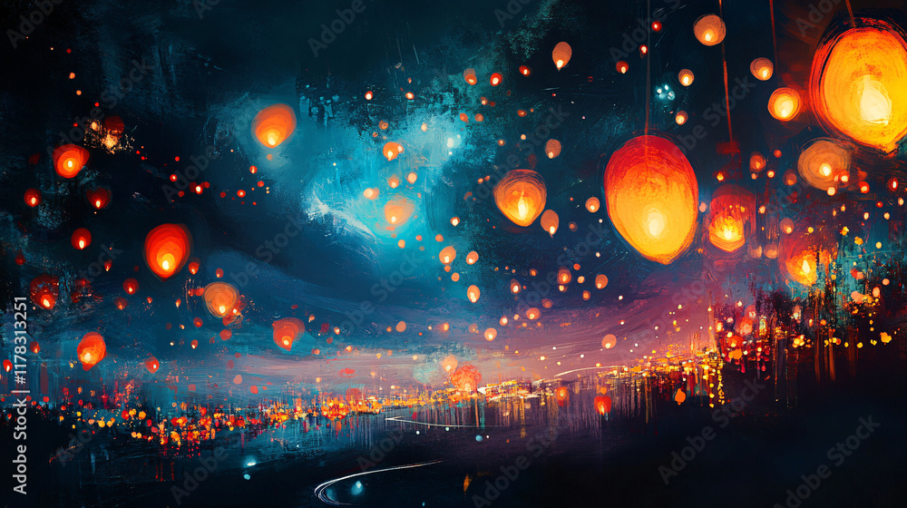 Poster a vibrant festival of lights ceremony, with abstract lanterns floating into the night sky, their tra