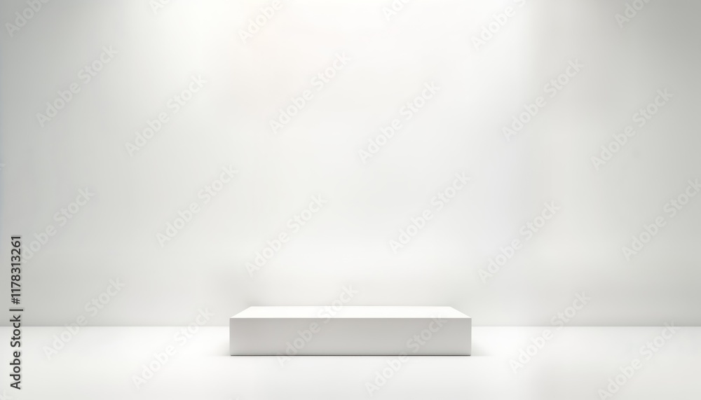Poster Empty white studio with white rectangular platform. Clean simple design for product display. Modern, neutral backdrop. Suitable for various products. Ideal for advertising, marketing purposes.