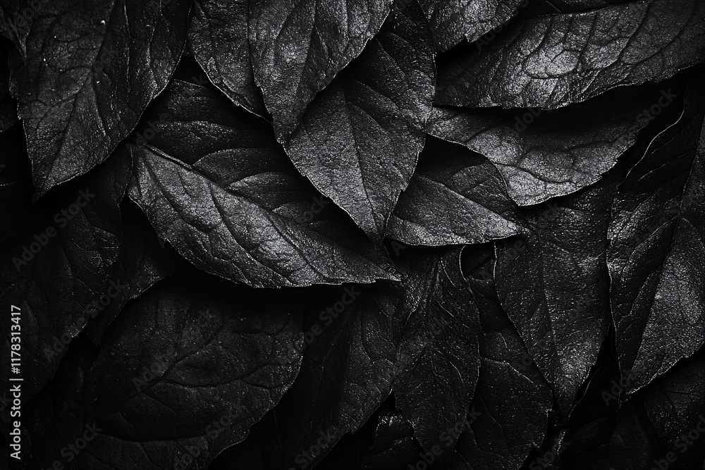 Poster monochrome close-up of dark, overlapping leaves creating a textured background.