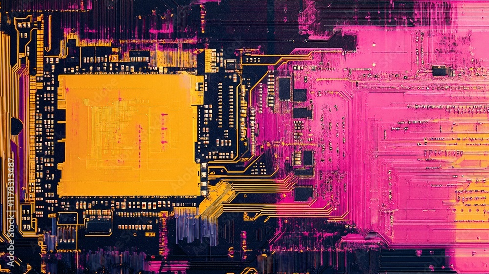 Poster Close-up of a vibrant, multicolored circuit board with intricate details and pathways.