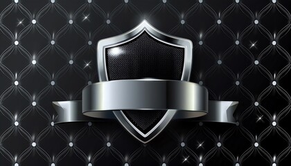 A sleek shield emblem on a luxurious black background, adorned with sparkling accents, featuring a blank ribbon banner for customization.
