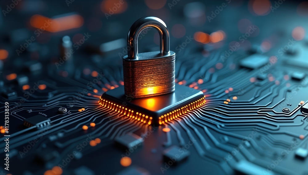 Leinwandbilder Secure microchip protected by padlock. Digital safety concept. Futuristic tech illustration. Safeguard data on computer chip. Advanced security system in cyberspace. Modern tech solution. High-tech
