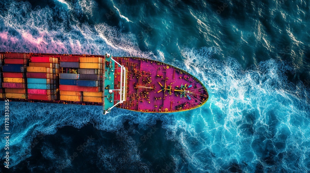 Poster Aerial view of a large container ship sailing on a wavy ocean.