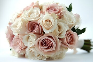 Obraz premium Beautiful bouquet of pink and white roses wrapped in soft ribbons and adorned with pearls, perfect for wedding photography against a white backdrop.
