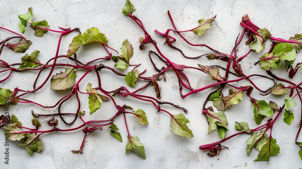 Poster red beet greens arranged in a flowing pattern on a light gray textured background.