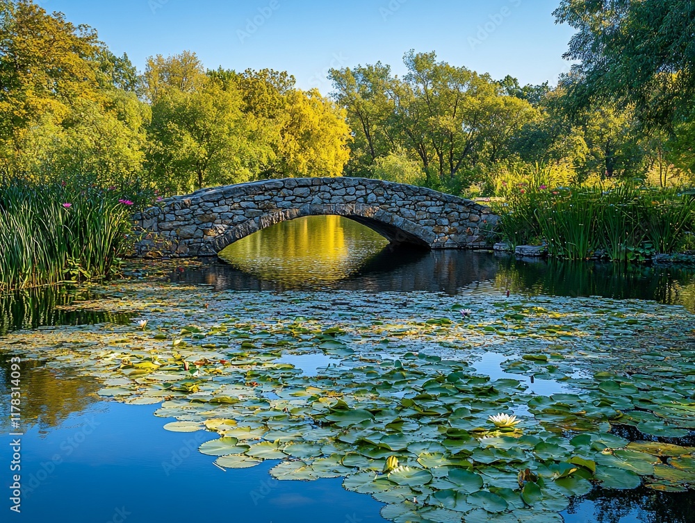 Poster stone arch bridge over calm pond with lily pads, reflecting trees and sky.