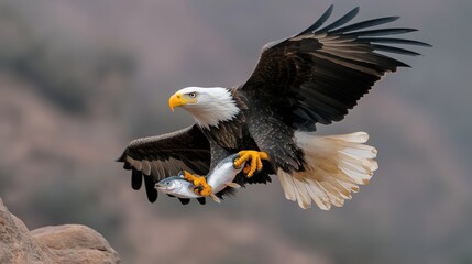 Obraz premium Eagle soaring with a fish in its talons against a blurred background.
