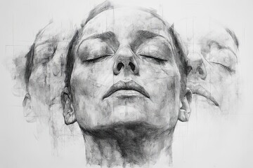 Monochrome charcoal sketch of a serene woman's face, eyes closed, surrounded by faint ghostly impressions of her face.