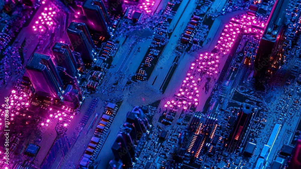 Poster close-up of illuminated circuit board with pink and blue leds, showcasing intricate electronic compo