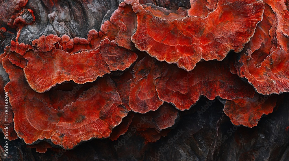 Poster close-up of vibrant red shelf fungi growing on dark tree bark, showing intricate texture and layered