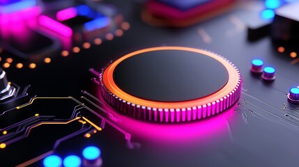 Close-up of a futuristic, glowing circular control interface on a circuit board.