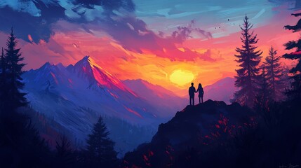 Couple silhouetted against vibrant sunset over mountains.