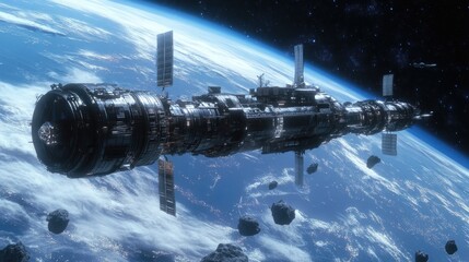 Spacecraft Orbiting Earth: A Futuristic Space Station Amidst Asteroids