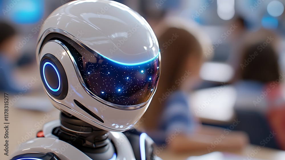 Poster close-up of a futuristic robot's head in a classroom setting.