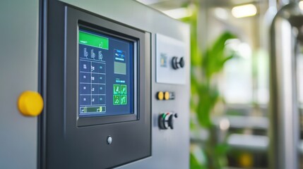 A computer monitor displays a green screen with a few buttons