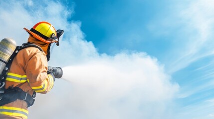 Brave firefighter utilizing hose to extinguish flames under a bright blue sky, showcasing courage and determination in firefighting efforts against smoke and heat