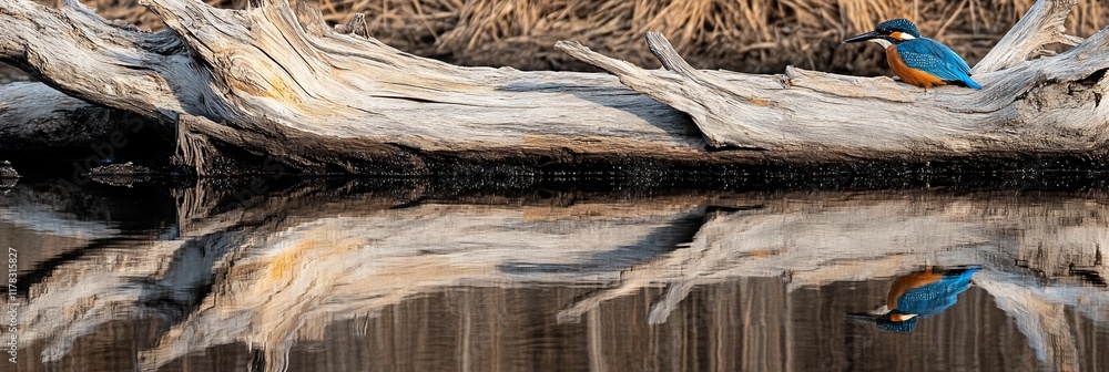 Aufkleber kingfisher perched on weathered log reflected in still water.