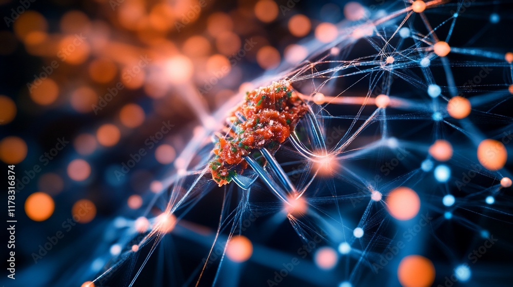 Poster close-up of food on a fork, entangled in a glowing network.
