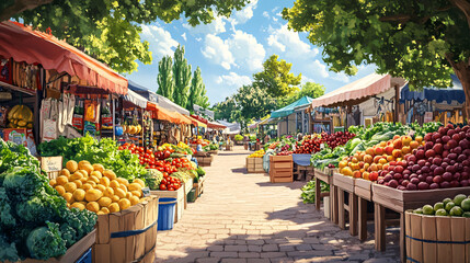 A vibrant market scene showcasing biodynamic produce, with colorful stalls filled with fresh fruits and vegetables, reflecting the community's commitment to sustainable agriculture. 