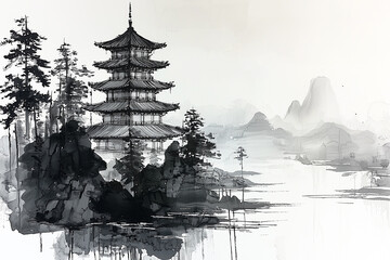Chinese Style Architectural Ink Painting