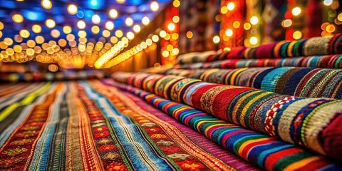 Abstract bokeh, colorful striped carpets, digitally enhanced.