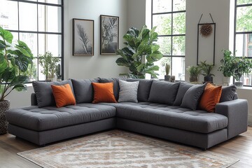 Fototapeta premium Dark gray fabric Chesterfield sofa bed with built-in chaise and accent pillows in a stylish living room with plants and patterned rug.