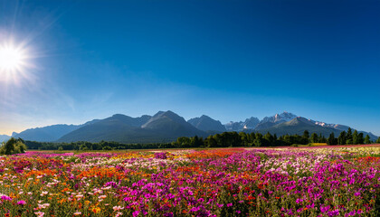 Obraz premium the sky is blue the sun shines on the colorful sea of flowers in front and behind there s an undulating mountain range in the distance and a large area