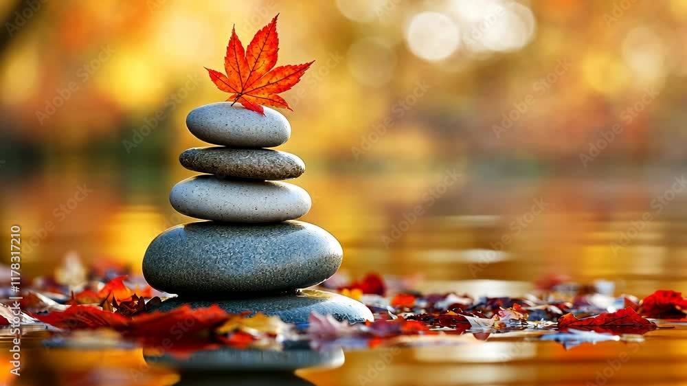 Poster tranquil stack of stones with autumn leaves floating on calm water in a serene setting