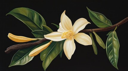Obraz premium A detailed illustration of a vanilla flower and pods on a dark background.