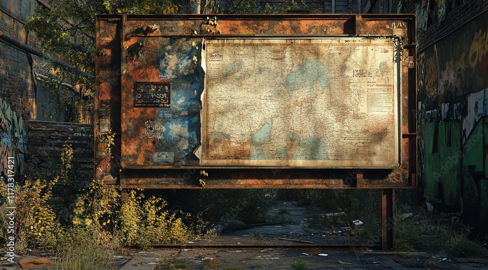 Poster weathered rusty metal map billboard in abandoned urban setting.