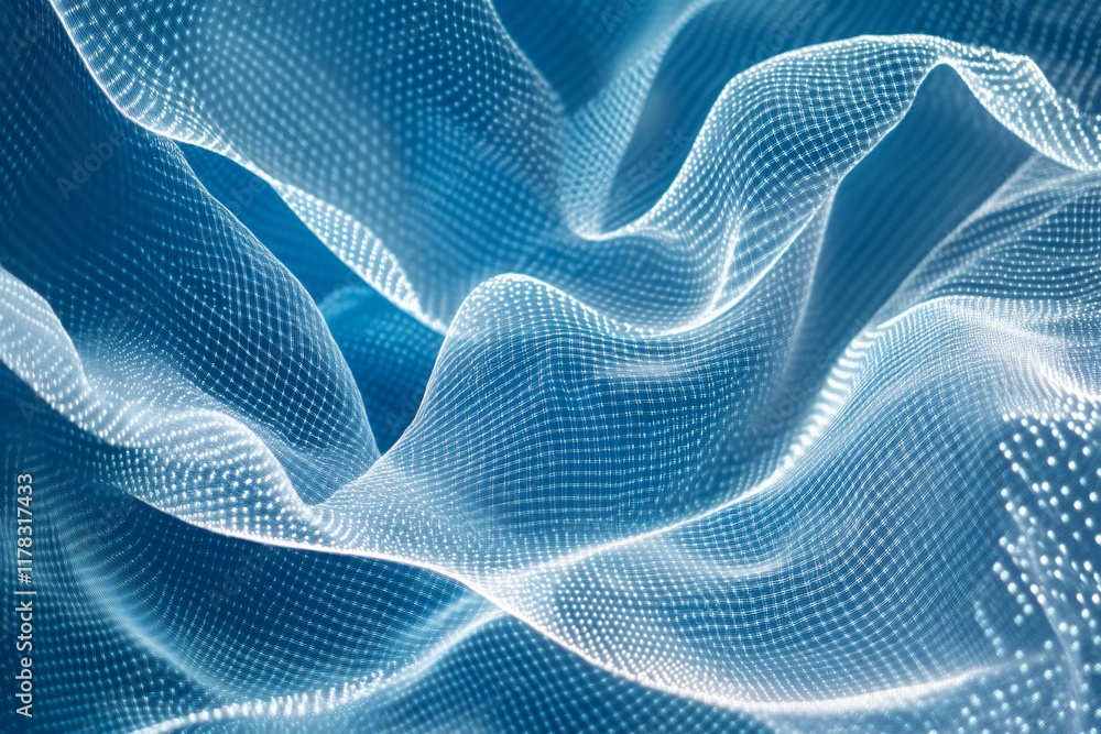Poster abstract blue glowing wave pattern with white dots.