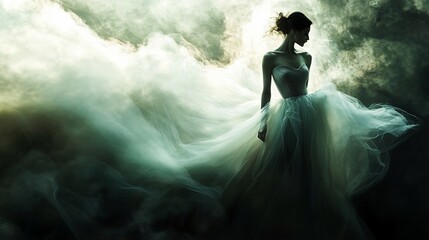 Obraz premium Elegant woman in flowing white gown amidst ethereal smoke.