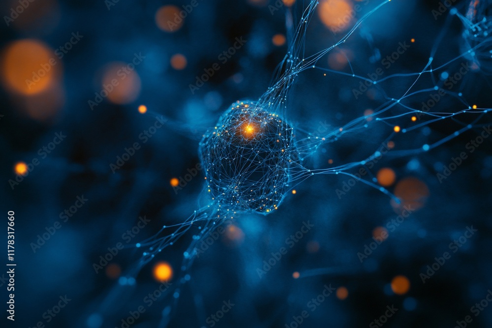 Poster abstract neural network, glowing nodes and connections, digital illustration.