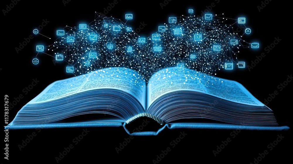Aufkleber digital knowledge: open book with glowing data network