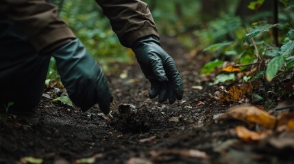 A person is digging in the dirt with gloves on