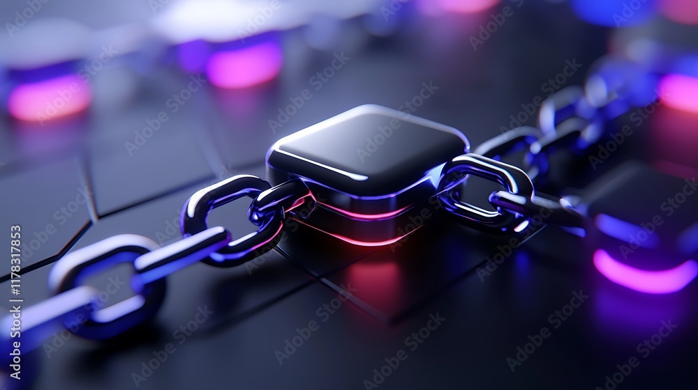 Poster close-up of a shiny black square block secured by a metallic chain on a dark surface with neon light