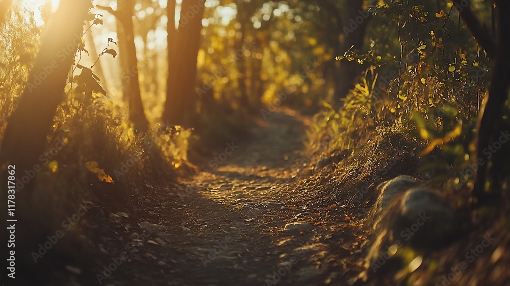 Aufkleber sunlit forest path winding through trees and foliage.
