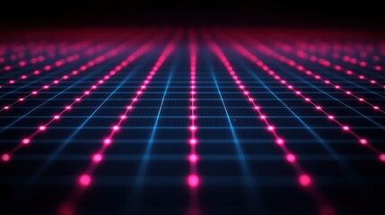 A digital grid with bright pink and blue dots, creating a futuristic, neon effect.