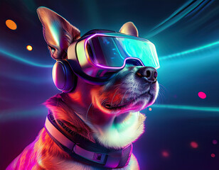 petfluencer dog wears vr goggles dog in neon light futuristic pet dog enjoys vr game tech pet cyberpunk style trendy pet fun animal pet influencer social media star cute dog virtual