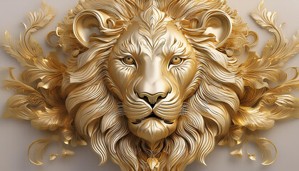 golden lion head relief on cream wallpaper luxurious 3d design high quality artistic ai generated image elegant golden splashes wall mural style suitable for interior design projects great for