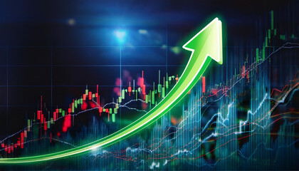 a stock market chart with a glowing green arrow climbing upwards and a red arrow descending representing clear bullish and bearish trends