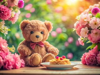 AI-generated bear, pink flowers, delicious food.