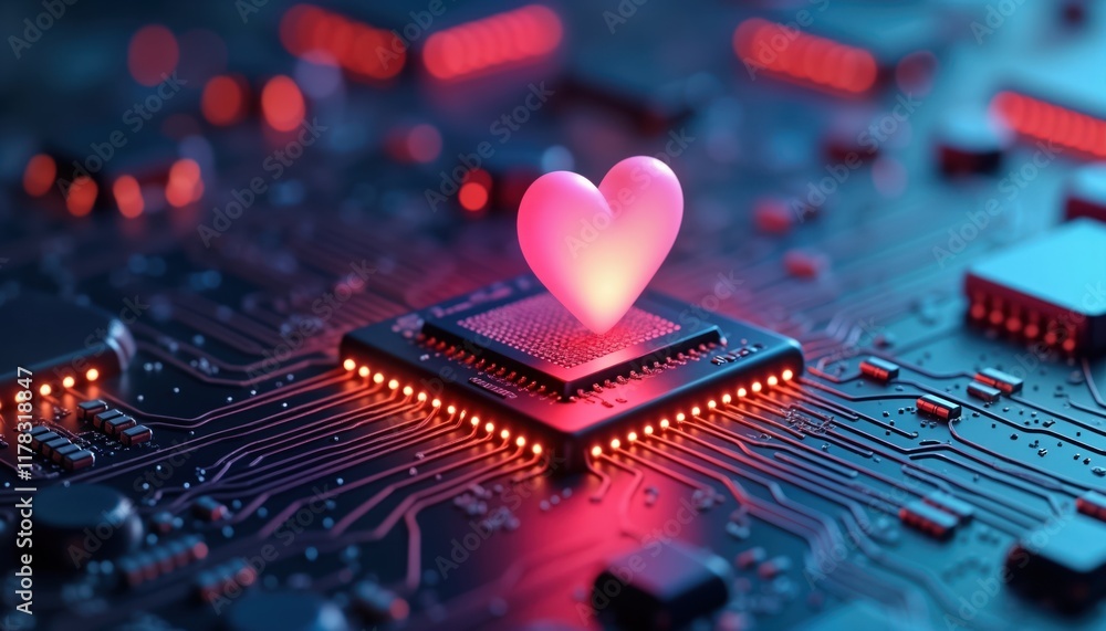 Poster AI chip with heart. Tech innovation. Heart emotion. AI processing data. AI tech driving progress in industry. Modern tech concept. Future of tech. Efficient solutions for industries. Cybernetic