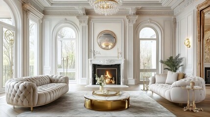 Luxurious Parisian apartment interior, ornate white plaster ceiling, crystal chandelier, arched windows, white marble fireplace, elegant tufted chaise lounge, round white coffee table, neoclassical de