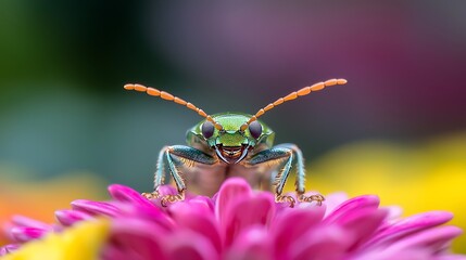 Close-up of a vibrant green beetle with orange antennae perched on a pink flower.