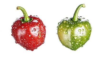 Photorealistic macro shot of vibrant red and green chili peppers with water droplets glistening on their surface, showcasing crisp details and high contrast, isolated on a transparent background, 