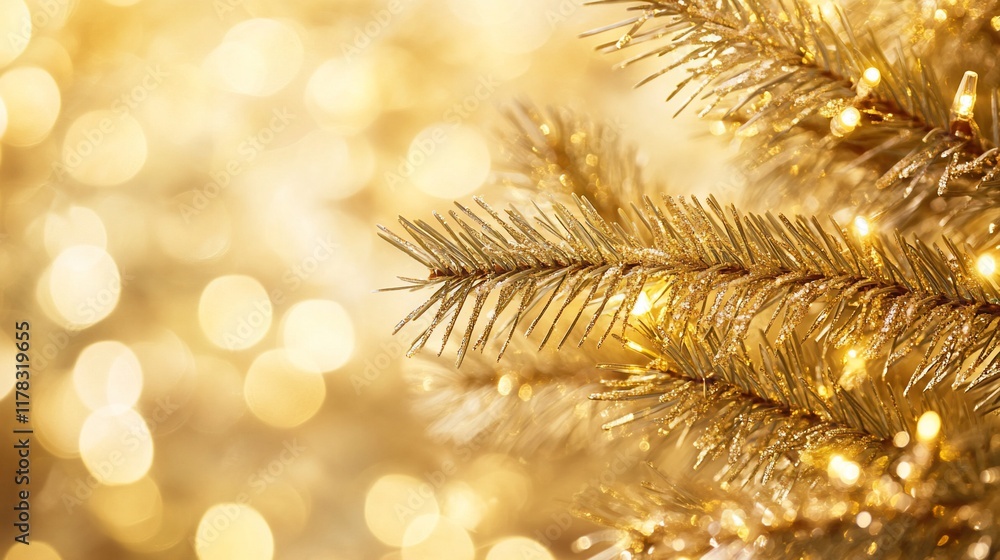 Poster close-up of a gold christmas tree branch with warm lights and bokeh background.